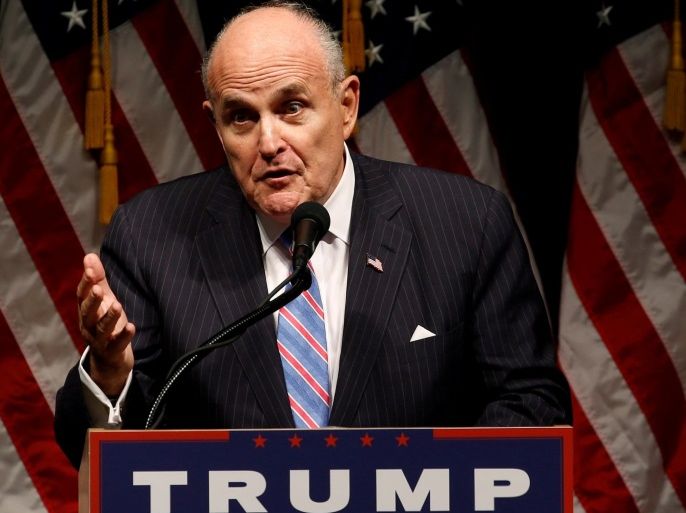 FILE PHOTO: Former New York Mayor Rudy Giuliani delivers remarks before Donald Trump rallies with supporters in Council Bluffs, Iowa, U.S. September 28, 2016. REUTERS/Jonathan Ernst/File Photo