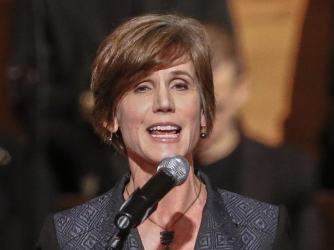 (FILE) - A file photo dated 01 December 2014 shows the back then US Attorney for the Northern District of Georgia, Sally Q. Yates speaking at Ebenezer Baptist Church in Atlanta, Georgia, USA. US President Donald Trump has sacked acting US Attorney General Sally Yates on 30 January 2017, after Yates ordered justice department lawyers not to defend Trump's executive order banning travel for people from Muslim-majority countries, media reported. US attorney for the Easter