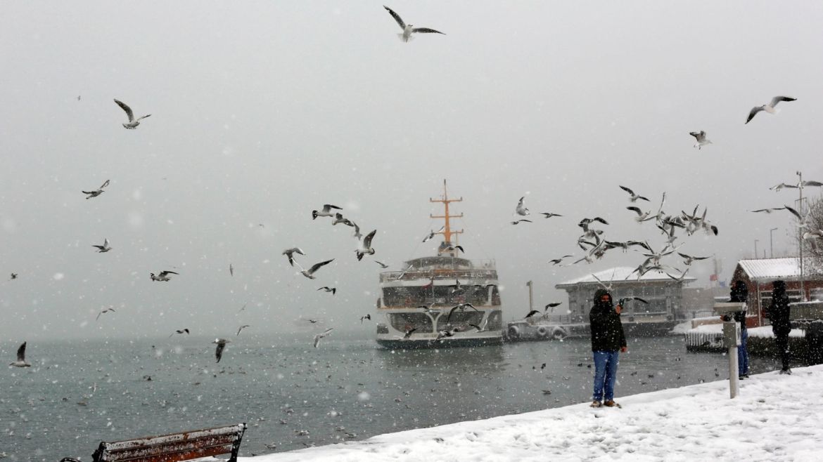 People feed seagulls by the Bosphorus during a snowfall in Istanbul, Turkey, January 7, 2017. REUTERS/Murad Sezer