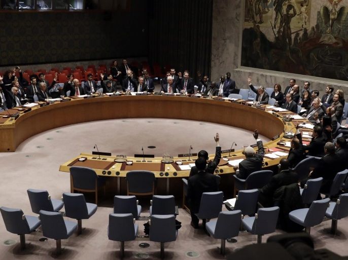 United Nations Security Council Members vote on a ceasefire in Syria at UN headquarters in New York, New York, USA, 31 December 2016. The UN endorsed the ceasefire agreement in Syria submitted by Russia and brokered with Turkey.