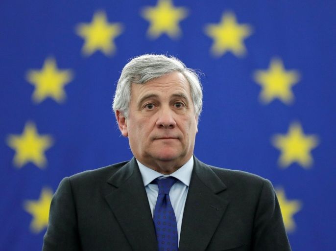 Newly elected European Parliament President Antonio Tajani stands on his desk after the announcement of the results of the election at the European Parliament in Strasbourg, France, January 17, 2017. REUTERS/Christian Hartmann