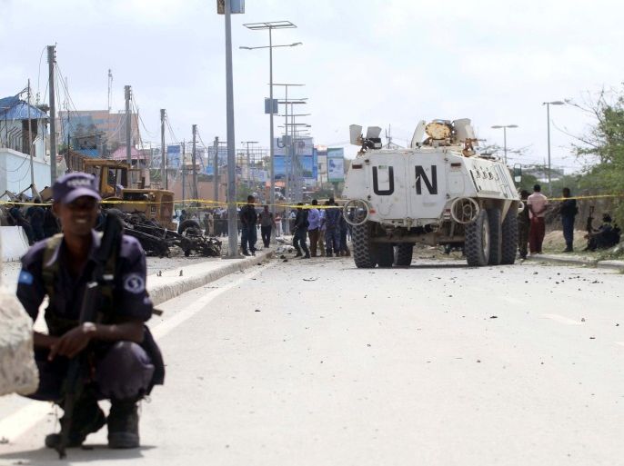A United Nations peacekeepers' armoured personnel carrier (APC) is seen near the scene of a suicide bombing near the African Union's main peacekeeping base in Mogadishu, Somalia, July 26, 2016. REUTERS/Ismail Taxta?