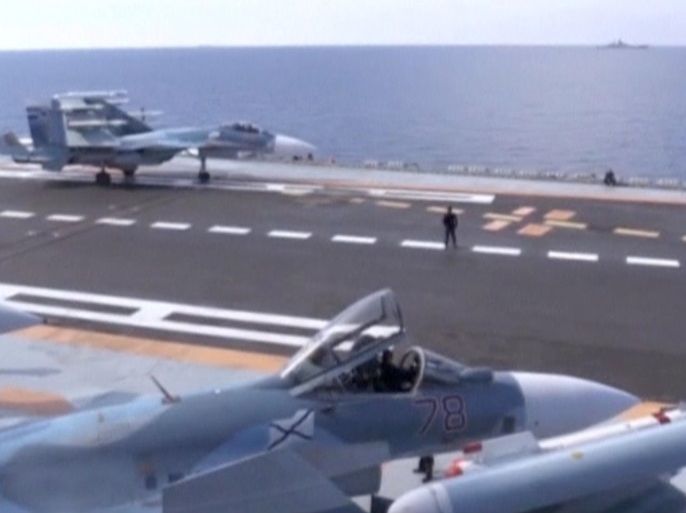 A still image taken from a video footage and released by Russia's Defence Ministry on November 15, 2016, shows jets on a deck of Russian Admiral Kuznetsov aircraft carrier near the coast of Syria. Ministry of Defence of the Russian Federation/Handout via REUTERS TV ATTENTION EDITORS - THIS PICTURE WAS PROVIDED BY A THIRD PARTY. FOR EDITORIAL USE ONLY. NO RESALES. NO ARCHIVE.