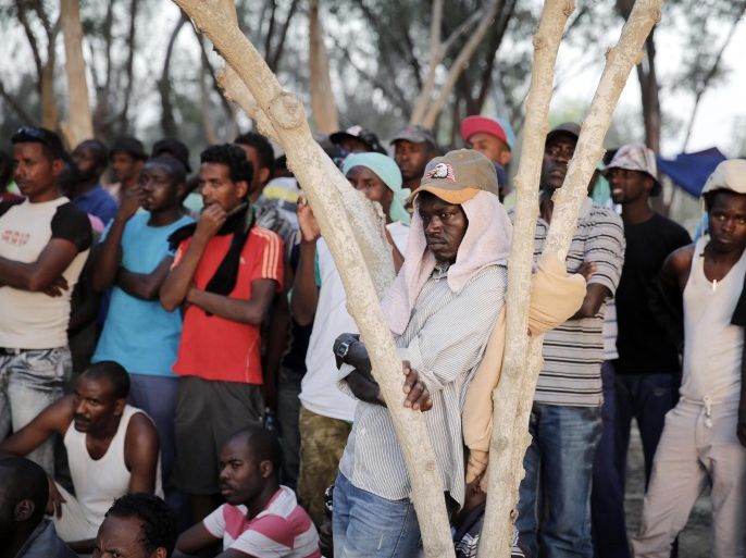 African asylum seekers gather in the shade of trees during a protest after leaving Holot open detention centre in southern Israel's Negev desert, June 28, 2014. Israel opened Holot as part of its bid to rid itself of some of the 50,000 African migrants, mostly Sudanese and Eritreans, who have entered its territory illegally since around 2007. Several hundred asylum seekers attempted on Friday to march to the nearby border with Egypt, where they hoped to bring internati