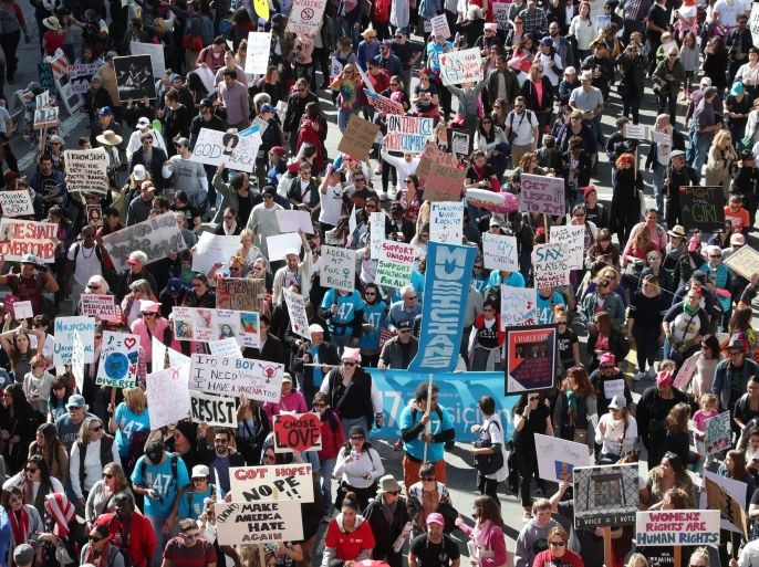 Over a 100,000 demonstrators participate in the Woman's March in Los Angeles, California, USA, 21 January 2017 to protest Donald J. Trump who took the oath of office and was sworn in as the 45th President of the United States in Washington, DC, USA, 20 January 2017. Protest rallies were held in over 30 countries around the world in solidarity with the Women's March on Washington in defense of press freedom, women's and human rights following the official inauguratio