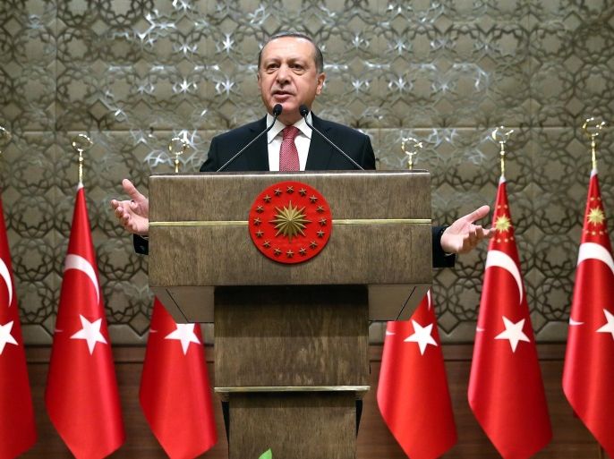 Turkey's President Tayyip Erdogan makes a speech during his meeting with mukhtars at the Presidential Palace in Ankara, Turkey, January 12, 2017. Murat Cetinmuhurdar/Presidential Palace/Handout via REUTERS ATTENTION EDITORS - THIS PICTURE WAS PROVIDED BY A THIRD PARTY. FOR EDITORIAL USE ONLY. NO RESALES. NO ARCHIVE.