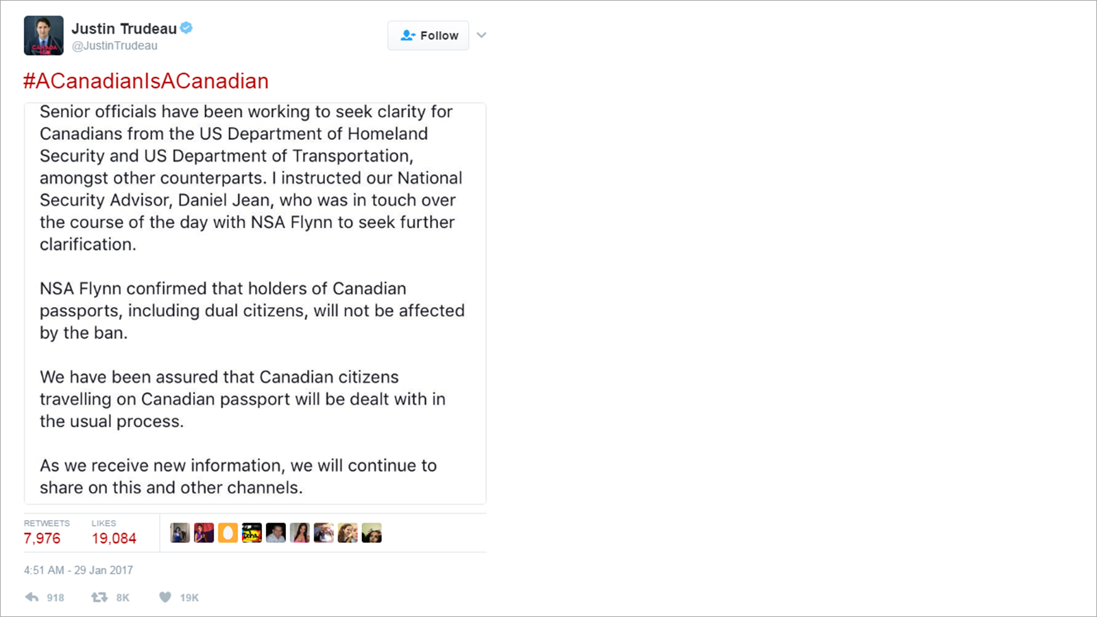 ‪تغريدة رئيس الوزراء الكندي على حسابه بتويتر‬ (مواقع التواصل)