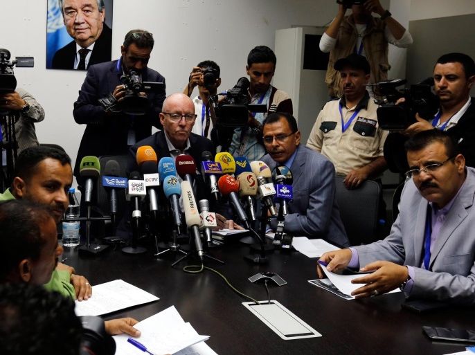 UN Humanitarian Coordinator in Yemen, Jamie McGoldrick (C) gives a news conference in Sana'a, Yemen, 22 February 2017. According to reports, the UN has launched a 2.1 billion US dollars appeal for Yemen in 2017, its largest ever for the war-torn Arab country. Half of the country’s 27-million population are hungry after two years of an escalated conflict between the Houthi rebels and the Saudi-backed Yemeni government forces.