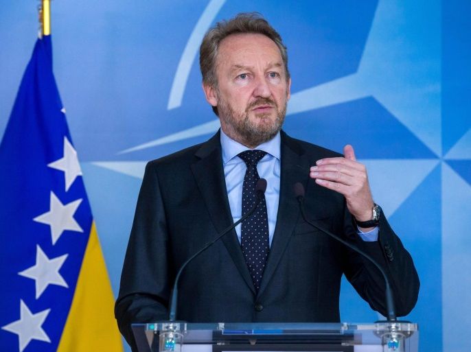 Bakir Izetbegovic, Chairman of the Presidency of Bosnia and Herzegovina, speaks during a joint press conference with NATO Secretary General Jens Stoltenberg (not pictured) at the end of a meeting at alliance headquarters in Brussels, Belgium, 09 November 2016. Izetbegovic is in Brussels for meetings with EU and NATO representatives.