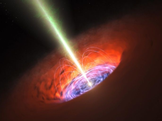 An undated handout image provided by ESO on 16 April 2015 shows an artist´s impression released by the European Southern Observatory (ESO) shows the surroundings of a supermassive black hole, typical of that found at the heart of many galaxies. The black hole itself is surrounded by a brilliant accretion disc of very hot, infalling material and, further out, a dusty torus. There are also often high-speed jets of material ejected at the black hole's poles that can exten