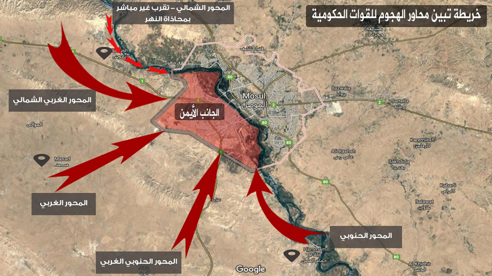 خريطة غربي الموصل (الجانب الأيمن) وتبين مواقع ارتكاز القوات العراقية قبل الهجوم (الجزيرة)