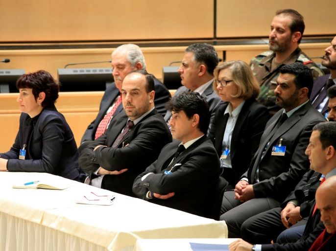Head of opposition delegation Nasr al-Hariri (front 2nd L) listens during the speech of United Nations Special Envoy for Syria Staffan de Mistura in the context of the resumption of intra-Syrian talks at the Palais des Nations in Geneva, Switzerland, February 23, 2017. REUTERS/Pierre Albouy
