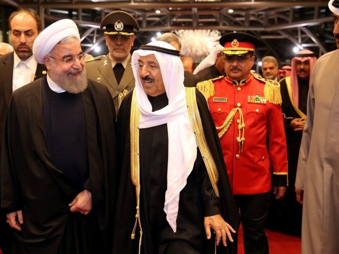 Iran's President Hassan Rouhani is welcomed by Emir of Kuwait Sheikh Sabah al-Ahmad al-Sabah in Kuwait City, Kuwait, February 15, 2017. President.ir/Handout via REUTERS ATTENTION EDITORS - THIS PICTURE WAS PROVIDED BY A THIRD PARTY. FOR EDITORIAL USE ONLY. NO RESALES. NO ARCHIVE. TPX IMAGES OF THE DAY