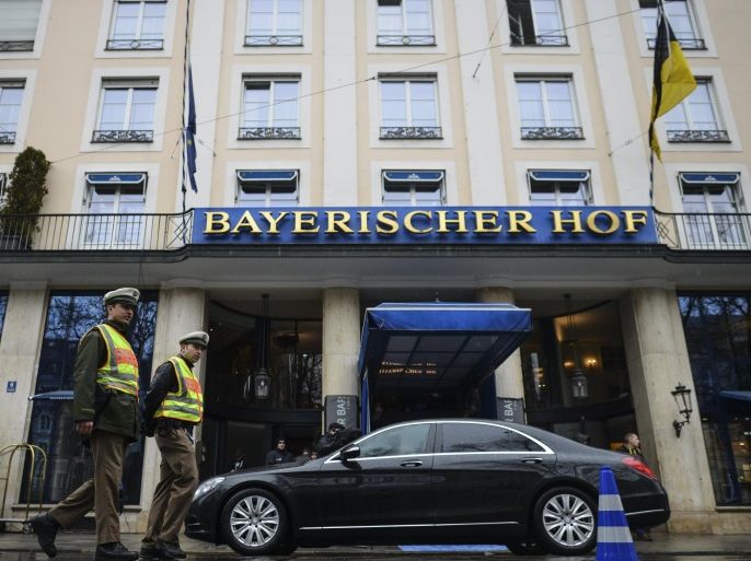 Police patrols in front of the 'Bayerischer Hof' hotel, the venue of the 53rd Munich Security Conference (MSC), in Munich, Germany, 17 February 2017. In their annual meeting, politicians, various experts and guests from around the world discuss issues surrounding global security from 17 to 19 February 2017.
