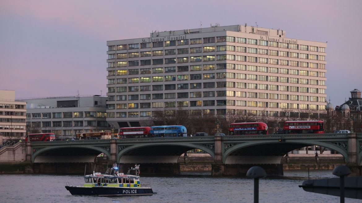 LONDON, ENGLAND - MARCH 22: A Police boat patrols the river Thames by St Thomas' hospital and Westminster Bridge on March 22, 2017 in London, England.  A police officer has been stabbed near to the British Parliament and the alleged assailant shot by armed police. Scotland Yard report they have been called to an incident on Westminster Bridge where several people have been injured by a car.  (Photo by Jack Taylor/Getty Images)