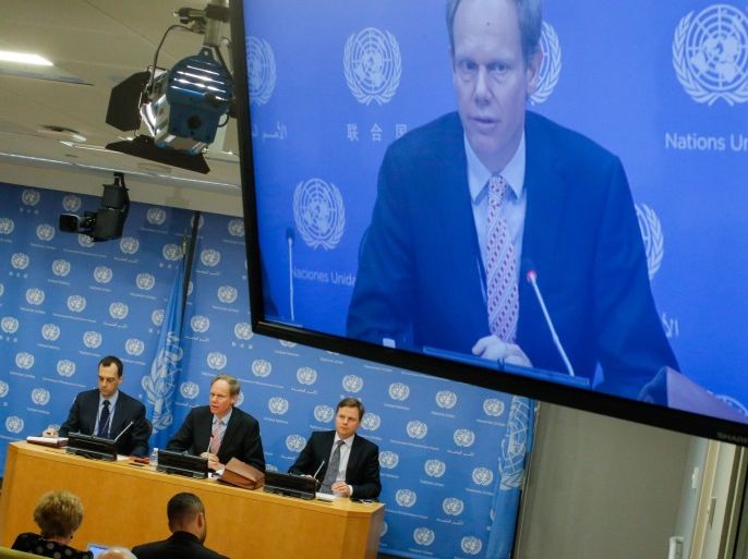 British Ambassador to the United Nations Matthew Rycroft (C) speaks to the media at the United Nations Headquarters in New York, U.S. March 1, 2017. REUTERS/Eduardo Munoz