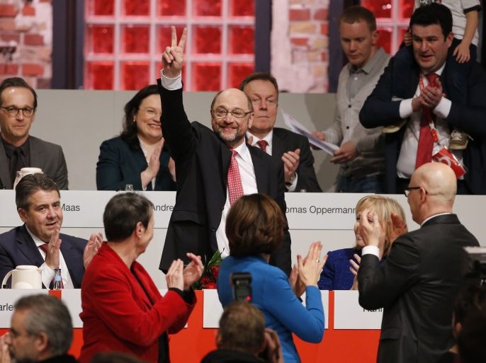 Martin Schulz reacts after he was elected new Social Democratic Party (SPD) leader during an SPD party convention in Berlin, Germany, March 19, 2017. REUTERS/Fabrizio Bensch TPX IMAGES OF THE DAY