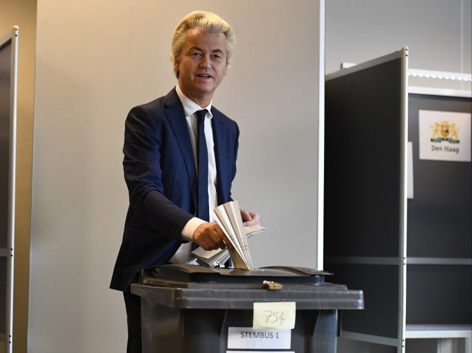 Dutch far-right politician Geert Wilders of the PVV party votes in the general election in The Hague, Netherlands, March 15, 2017. REUTERS/Dylan Martinez