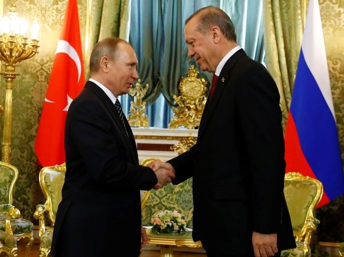الرئيس الروسي فلاديمير بوتين خلال لقائه نظيره التركي رجب طيب أردوغان في موسكو اليوم 10 مارس 2017