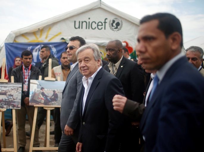 United Nations Secretary General Antonio Guterres visits displaced Iraqis who fled Mosul, at Hasansham camp, in Khazer, Iraq March 31, 2017. REUTERS/Suhaib Salem