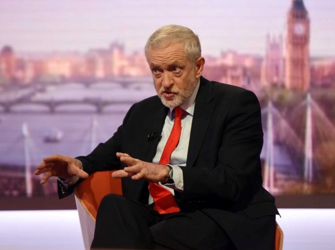 The leader of Britain's opposition Labour Party, Jeremy Corbyn, speaks on the BBC's Andrew Marr Show in London, April 23, 2017. Jeff Overs/BBC handout via REUTERSNO SALESFOR EDITORIAL USE ONLY. NO RESALES. NO ARCHIVESNOT FOR SALE FOR MARKETING OR ADVERTISING CAMPAIGNSTHIS IMAGE HAS BEEN SUPPLIED BY A THIRD PARTY. IT IS DISTRIBUTED, EXACTLY AS RECEIVED BY REUTERS, AS A SERVICE TO CLIENTS