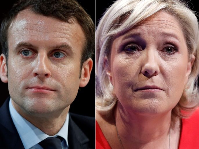 A combination picture shows portraits of the candidates who will run in the second round in the 2017 French presidential election, Emmanuel Macron (L), head of the political movement En Marche !, or Onwards !, and Marine Le Pen, French National Front (FN) political party leader. Pictures taken March 11, 2017 (R) and February 21, 2017 (L). REUTERS/Christian Hartmann