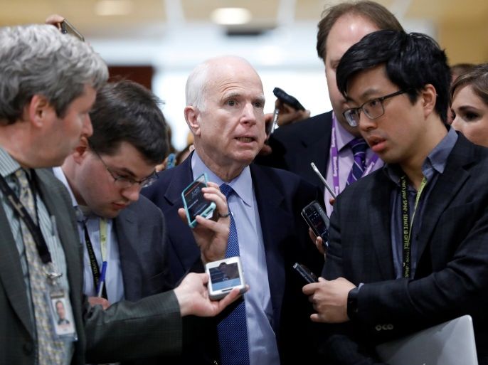 Senator John McCain (R-AZ) speaks with reporters as he departs after a classified briefing on the airstrikes launched against the Syrian military at the U.S. Capitol in Washington, U.S., April 7, 2017. REUTERS/Aaron P. Bernstein