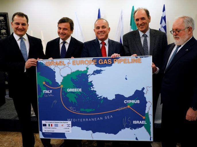 Israel's Energy minister Yuval Steinitz holds a map with the signatures of his counterparts from Greece, Giorgos Stathakis, from Cyprus, Yiorgos Lakkotrypis, from the European Union, Miguel Arias Canete, and Italy's Minister of Economic Development, Carlo Calenda, during a news conference in Tel Aviv, Israel April 3, 2017. REUTERS/Amir Cohen