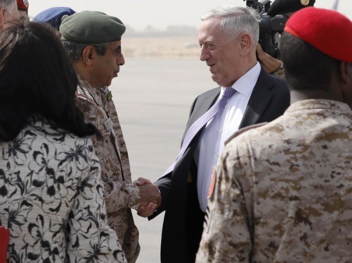 RIYADH, SAUDI ARABIA - APRIL 18: U.S. Defense Secretary James Mattis (R) is greeted by Saudi Armed Forces Chief of Joint Staff General Abdul Rahman Al Banyan (L) upon his arrival at King Salman Air Base on April 18, 2017 in Riyadh, Saudi Arabia. This is Mattis' first trip to Saudi Arabia as Defense Secretary. He will also visit Egypt to discuss regional security issues. (Photo by Jonathan Ernst-Pool/Getty Images)