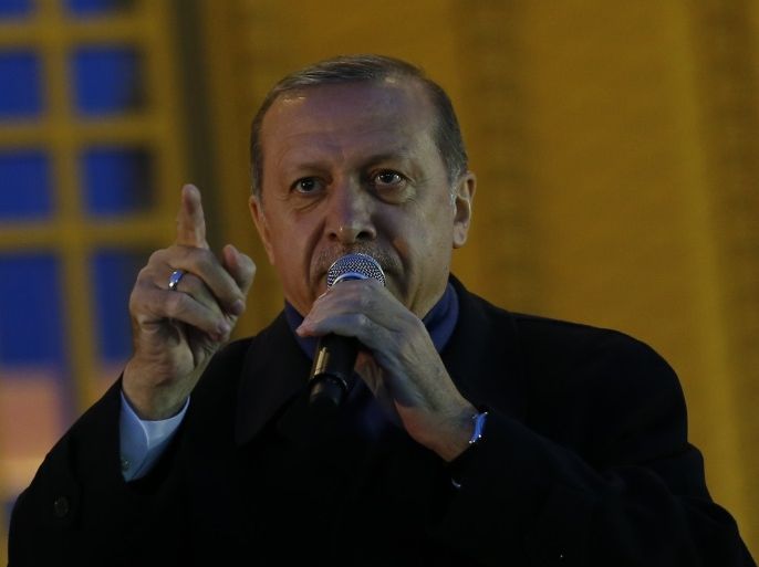 Turkish President Tayyip Erdogan addresses his supporters at the Presidential Palace in Ankara, Turkey, April 17, 2017. REUTERS/Umit Bektas
