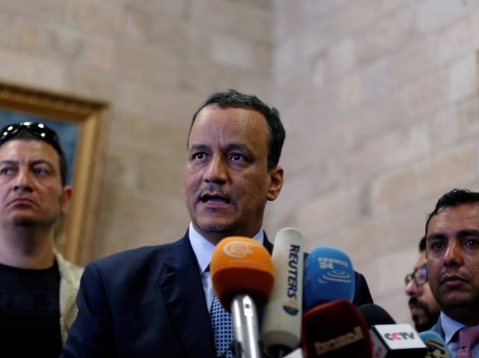 United Nations Special Envoy for Yemen, Ismail Ould Cheikh Ahmed, speaks to reporters upon his arrival at Sanaa airport on a visit to Sanaa, Yemen May 22, 2017. REUTERS/Khaled Abdullah