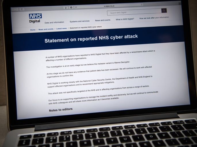 LONDON, ENGLAND - MAY 12: A message informing visitors of a cyber attack is displayed on the NHS website on May 12, 2017 in London, England. NHS hospitals across England have been hit by a large-scale cyber-attack with many hospitals having to divert emergency patients and doctors reporting messages demanding money. (Photo by Carl Court/Getty Images)