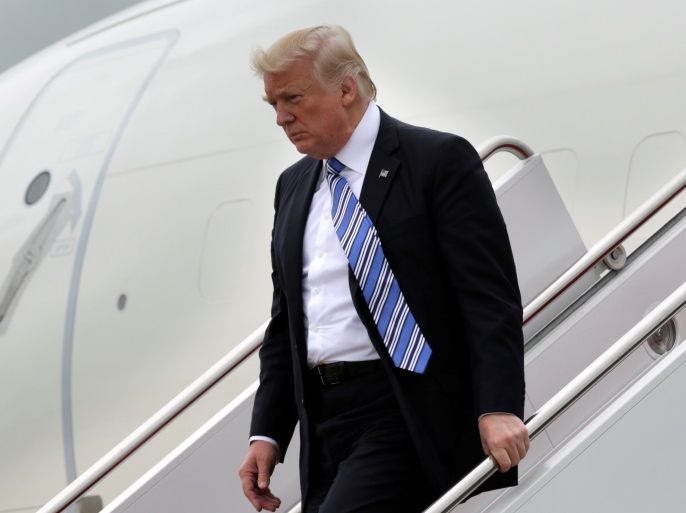 U.S. President Donald Trump arrives at Joint Base Andrews outside Washington, U.S., after a day trip to Lynchburg, Virginia, May 13, 2017. REUTERS/Yuri Gripas