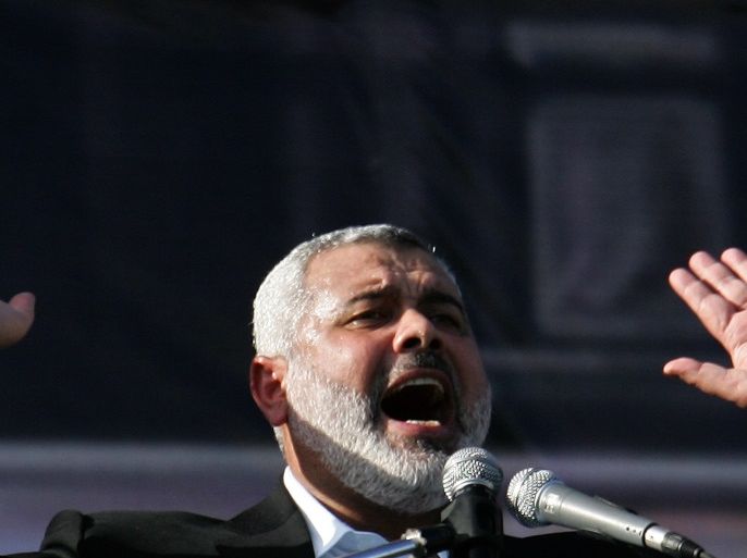GAZA CITY, GAZA - DECEMBER 14: Dismissed Palestinian Prime Minister and Hamas leader, Ismail Haniyeh, speaks to his supporters during a mass rally on December 14, 2008 in Gaza City, Gaza Strip. Hundreds of thousands attended the Hamas rally to mark the 21st anniversary of the founding of the militant group, Hamas. (Photo by Abid Katib/Getty Images)