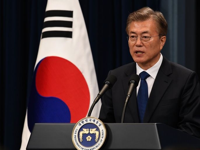 SEOUL, SOUTH KOREA - MAY 10: South Korea's new President Moon Jae-In speaks during a press conference at the presidential Blue House on May 10, 2017 in Seoul, South Korea. Moon Jae-in of Democratic Party, was elected as the new president of South Korea in the election held on May 9, 2017. (Photo by Kim Min-Hee-Pool/Getty Images)