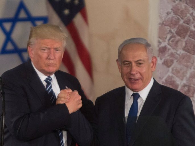 JERUSALEM, ISRAEL - MAY 23: (ISRAEL OUT) US President Donald Trump (L) and Israel's Prime Minister Benjamin Netanyahu shake hands after delivering a speech during a visit to the Israel Museum on May 23, 2017 in Jerusalem, Israel. U.S. President Donald Trump spend his second and final day visited Mahmoud Abbas in Bethlehem, then visit the Yad Vashem Holocaust memorial and delivering an address at the Israel Museum, both in Jerusalem, before departing for the Vatican.