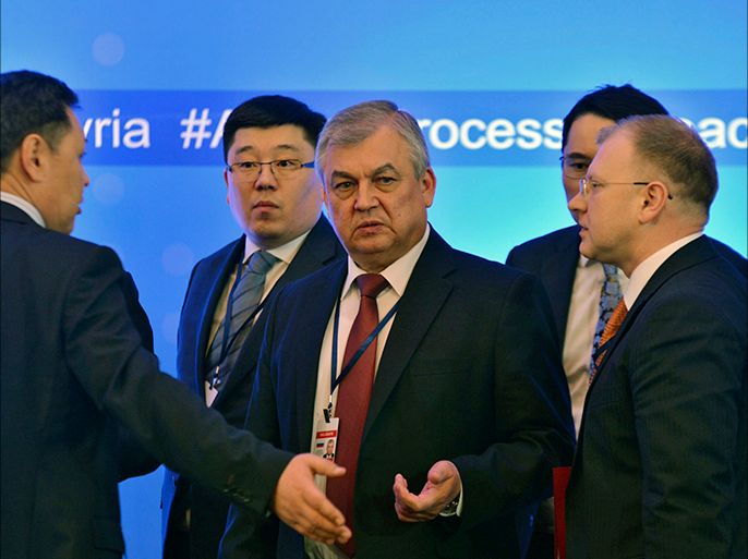epa05797269 Russian delegation head Alexander Lavrentyev (front C) attends the second round of talks on the Syrian conflict settlement in Astana, Kazakhstan, 16 February 2017. A fresh round of talks on the Syria conflict got underway and was backed by Russia, Turkey, and Iran and endorsed by the UN. EPA/TURAR KAZANGAPOV