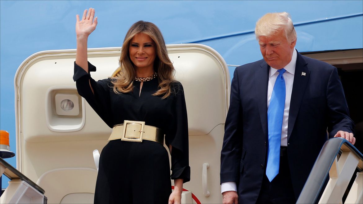 U.S. President Donald Trump and first lady Melania Trump arrive aboard Air Force One at King Khalid International Airport in Riyadh, Saudi Arabia May 20, 2017. REUTERS/Jonathan Ernst