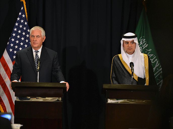 epa05977451 A handout photo made available by the Saudi Press Agency shows US Secretary of State Rex Tillerson (L) and Saudi Foreign Minister Adel al-Jubair (R) holding a joint press conference in Riyadh, Saudi Arabia, 20 May 2017. US President Donald J. Trump is on an official visit with a US delegation to Saudi Arabia, the first stop of his first foreign trip since taking office in January 2017. EPA/SAUDI PRESS AGENCY HANDOUT HANDOUT EDITORIAL USE ONLY/NO SALES HANDOUT EDITORIAL USE ONLY/NO SALES