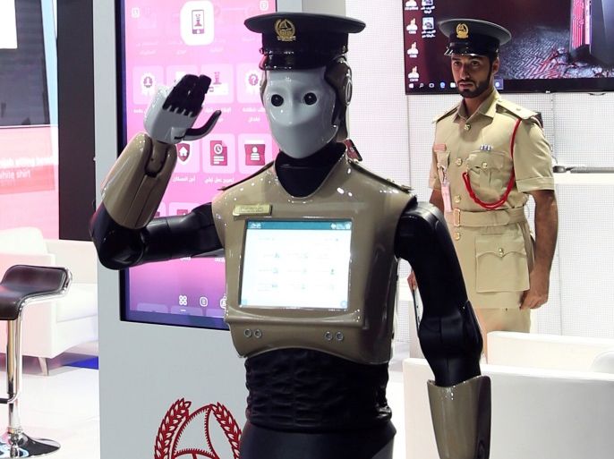 An operational robot policeman is seen at the opening of the 4th Gulf Information Security Expo and Conference (GISEC) in Dubai, United Arab Emirates, May 22, 2017. REUTERS/Stringer