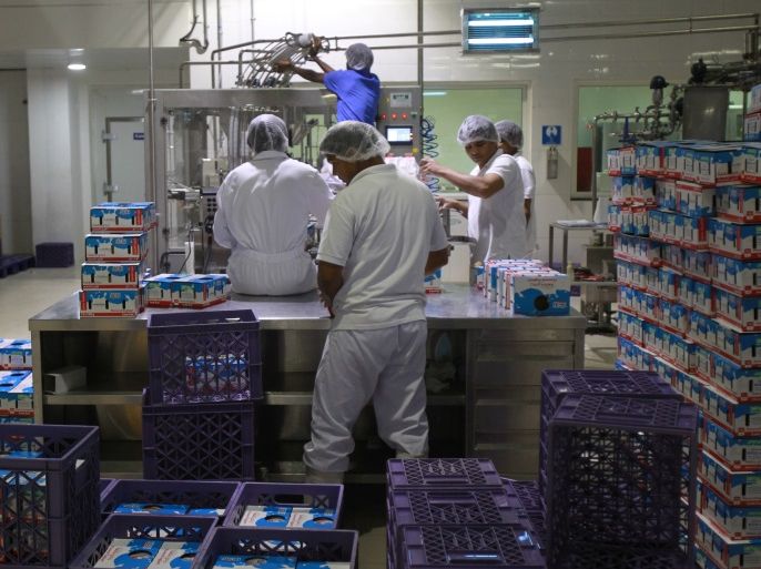 Workers work in a dairy factory in Doha, Qatar, June 10, 2017. REUTERS/Naseem Zeitoon
