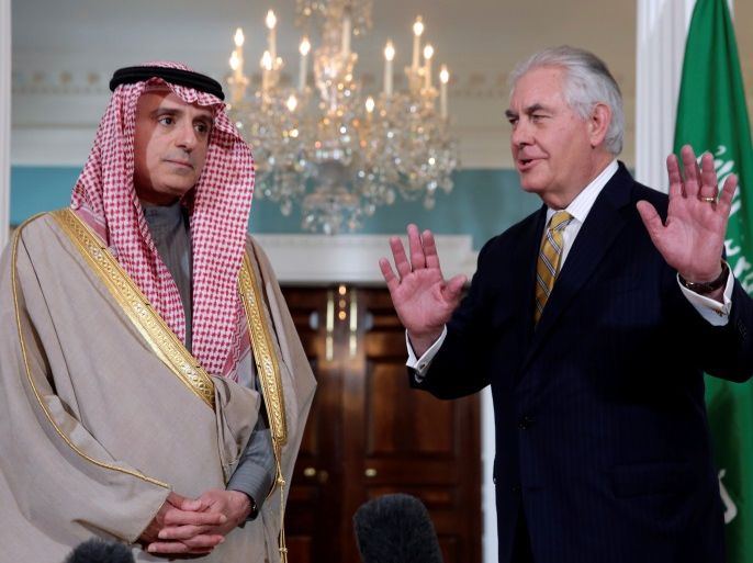U.S. Secretary of State Rex Tillerson (R) and Saudi Foreign Minister Adel Al-Jubeir face reporters before their meeting at the State Department in Washington, U.S., March 23, 2017. REUTERS/Yuri Gripas