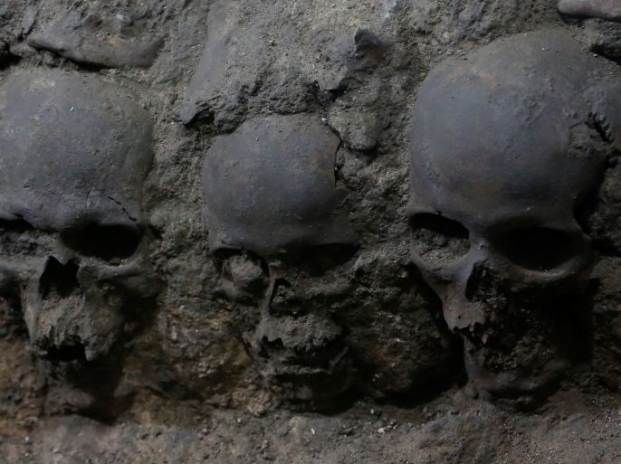 Skulls are seen at a site where more than 650 skulls caked in lime and thousands of fragments were found in the cylindrical edifice near Templo Mayor, one of the main temples in the Aztec capital Tenochtitlan, which later became Mexico City, Mexico June 30, 2017. Picture taken June 30, 2017. REUTERS/Henry Romero