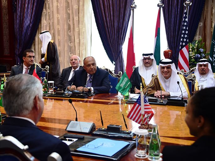epa06083540 A handout photo made available on 12 July 2017 by the US Department of State shows US Secretary of State Rex Tillerson (Front L) participating in a ministerial meeting with Bahraini Foreign Minister Khalid bin Ahmed Al Khalifa (not pictured), Egyptian Foreign Minister Sameh Shoukry (C), Saudi Foreign Minister Adel al-Jubeir (2nd R), and UAE Foreign Minister Sheikh Abdullah bin Zayed Al Nahyan (not pictured), in Jeddah, Saudi Arabia, on 12 July 2017. EPA/US DEPARTMENT OF STATE HANDOUT HANDOUT EDITORIAL USE ONLY/NO SALES