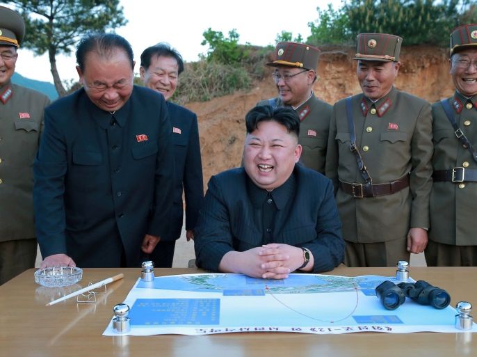 FILE PHOTO - North Korean leader Kim Jong Un reacts during the long-range strategic ballistic rocket Hwasong-12 (Mars-12) test launch in this undated photo released by North Korea's Korean Central News Agency (KCNA) on May 15, 2017. KCNA via REUTERS/File Photo REUTERS ATTENTION EDITORS - THIS IMAGE WAS PROVIDED BY A THIRD PARTY. REUTERS IS UNABLE TO INDEPENDENTLY VERIFY THIS IMAGE. NO THIRD PARTY SALES. SOUTH KOREA OUT.