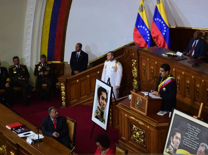 Venezuelan President Nicolas Maduro addresses the all-powerful pro-Maduro assembly which has been placed over the National Assembly and tasked with rewriting the constitution, in Caracas on August 10, 2017.Recent demonstrations in Venezuela have stemmed from anger over the installation of the all-powerful Constituent Assembly that many see as a power grab by the unpopular President Maduro. The dire economic situation also has stirred deep bitterness as people struggle with skyrocketing inflation and shortages of food and medicine. / AFP PHOTO / RONALDO SCHEMIDT (Photo credit should read RONALDO SCHEMIDT/AFP/Getty Images)
