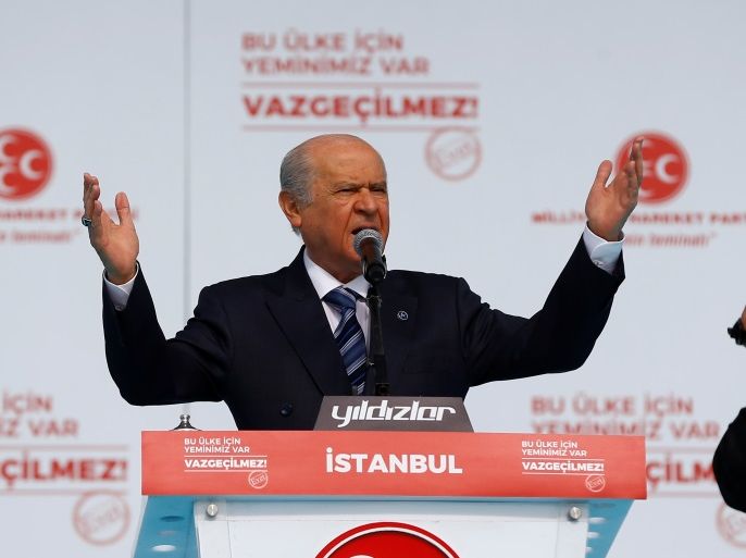 Nationalist Movement Party (MHP) leader Devlet Bahceli addresses his supporters during a rally for the upcoming referendum, in Istanbul, Turkey, April 9, 2017. REUTERS/Osman Orsal