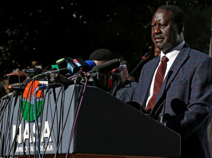 Opposition leader Raila Odinga speaks during a news conference at the offices of the National Super Alliance (NASA) coalition in Nairobi, Kenya August 16, 2017. REUTERS/Thomas Mukoya