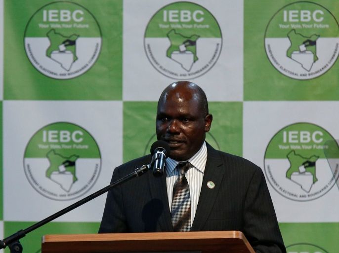 Kenyan Independent Electoral and Boundaries Commission (IEBC) chairman Wafula Chebukati speaks during a news conference ahead of the announcement of the winner of polls in Kenya's election at the Bomas of Kenya, in Nairobi, Kenya August 11, 2017. REUTERS/Thomas Mukoya