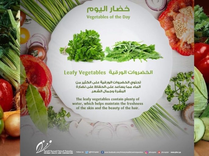 بوستر خضار اليوم: الخضراوات الورقية، المصدر: صفحة مؤسسة الرعاية الصحية الأولية على الفيسبوك.